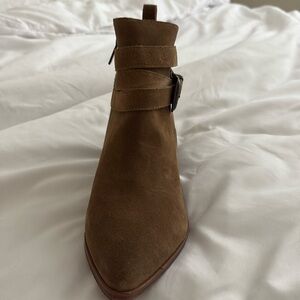 Marc Fisher brand new cocoa suede boot inch above ankle height wrapped, buckle.